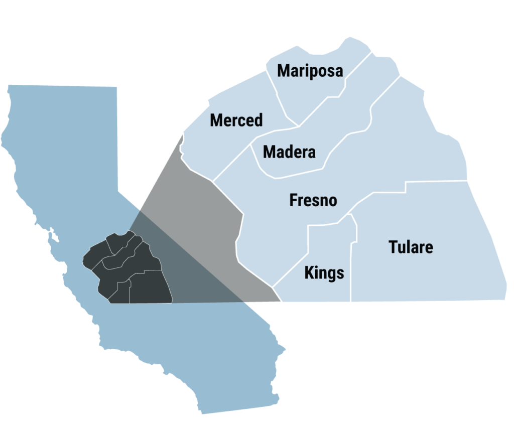 A map of California with major central valley counties highlighted, emphasized, and labeled:  Mariposa, Merced, Madera, Fresno, Kings, Tulare